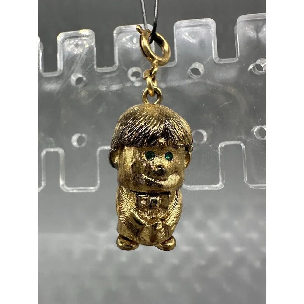 Monet Articulated Boy Pull For Smile W Rhinestone Eyes Charm Vintage Gold Tone!